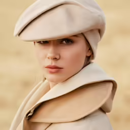 a close up of a woman wearing a hat and coat