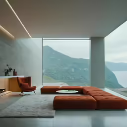 modern living room overlooking a beautiful mountain landscape
