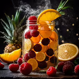 a glass jar full of different fruits