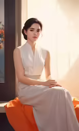 a woman wearing a white dress and orange skirt