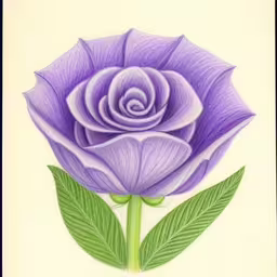 a drawing of a rose on a piece of paper,an illustration of a purple flower with a green stem,colored drawing of a single purple rose with leaves,there is a drawing of a purple rose,a purple rose with a green stem and two petals