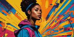 an african american woman in an abstract print,a woman in an abstract artwork with an orange background