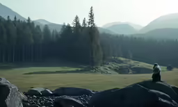 a person on some rocks with the mountains in the background
