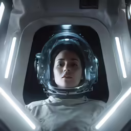 a young woman wearing an astronaut outfit, with a halo around her head