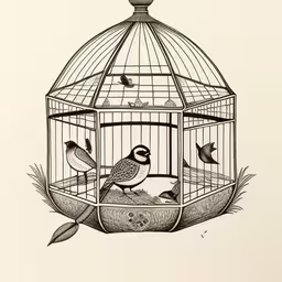 a bird in the cage with other birds sitting on the ground,an illustration of birds in a birdcage with their parents