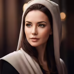 a woman in a black top with a scarf on her head and a hood on her head