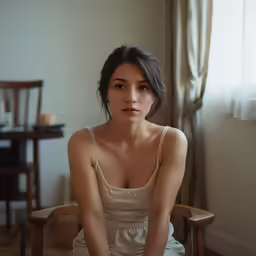 a woman with breast is sitting in a chair