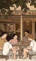 an illustration of a family sitting at a table in the middle of the day