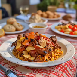 a bowl full of noodles with a variety of meats and veggies