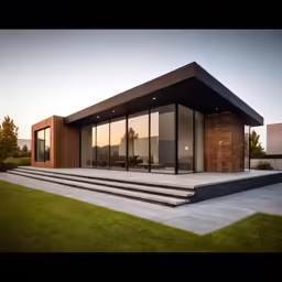 a modern house with wooden siding, stairs, glass windows and grass
