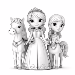 two young children are dressed in princess gowns, one is standing next to a horse