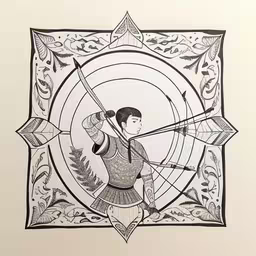 a hand drawing of an asian warrior, aiming a bow,a drawing of a woman holding a bow and arrow