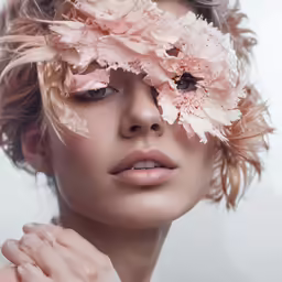 a girl with flowers on her head, holding a piece of skin behind her face