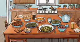 a dining room with a wooden table, microwave and various foods,there is an artist