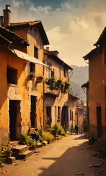 an old street in a rural village near mountains,small village street with small buildings lined with flowering flowers