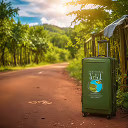 the luggage case is sitting in the middle of the street,a suitcase sitting by a fence on the side of the road