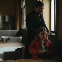 the young girl has her hands up while an adult looks out the window