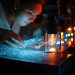 woman looks at her cellphone under a lighted lantern