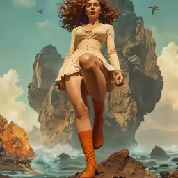an art print shows a young woman in a short dress and knee high boots