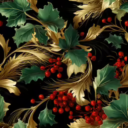 some green leaves and red berries on black background