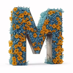 the letter m made out of flowers is in the shape of a wooden block