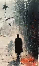 a man is walking in the rain near a tree