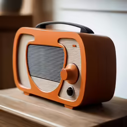 an orange television on a wooden surface, resting