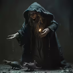 a creepy wizard with his hands on a stick surrounded by toy dinosaurs