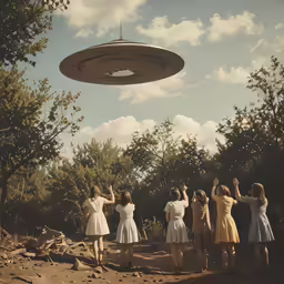 a group of girls are standing around a flying object