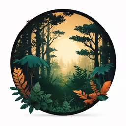 a round frame with an image of trees, plants, and the sun in a forest