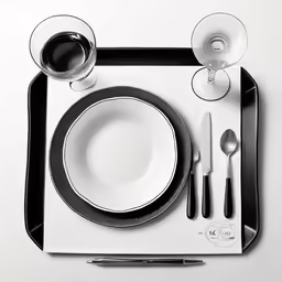a dining table set with black and white dinnerware