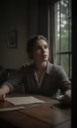 a woman in grey jacket sitting at a wooden table