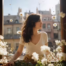 a young woman looks out a window at flowers