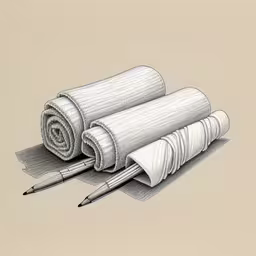 this is two pencils and three rolled up blankets,three rolls of fabric with a pen lying on top