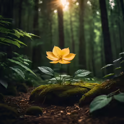 a yellow flower stands alone in the woods