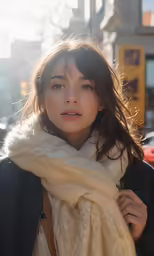 a young woman standing on the street wearing a scarf