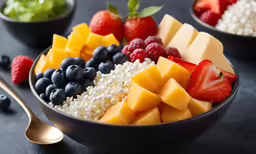 a bowl of fruit with berries, melon, blueberries and cheese