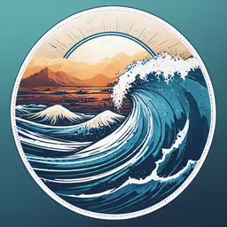 a wave in a blue background and orange sunset,a poster with waves in the background and mountains