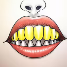 a drawing of an eye, mouth, teeth and nose on a sheet