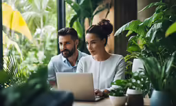 two business people sitting next to each other at a table in front of a laptop