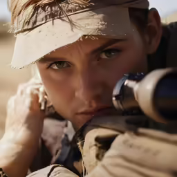 woman in uniform with rifle and flashlight looking at camera