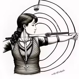 a drawing of a woman aiming a bow at a target,a drawing of a woman holding a bow with her hand,a woman holding a bow in front of a target,a drawing of a woman shooting with a bow,the girl is holding an archery rifle and aiming at the target