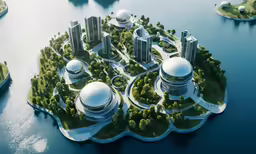 a very small island that has buildings on it
