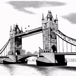 a drawing of a bridge crossing the water