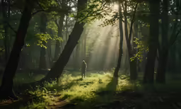 a person is walking through the woods towards the sunlight