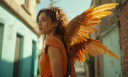 an image of a girl with a bird wing on her shoulder