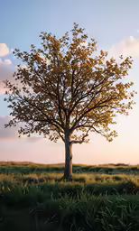 a tall tree in the middle of a grassy field