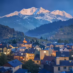 a small town lit up by headlights, with snow capped mountains in the distance