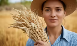a woman in blue shirt holding wheat stalks