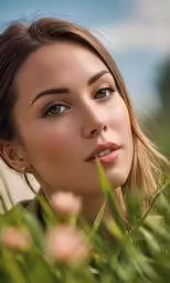 a woman is sitting in tall grass staring straight ahead